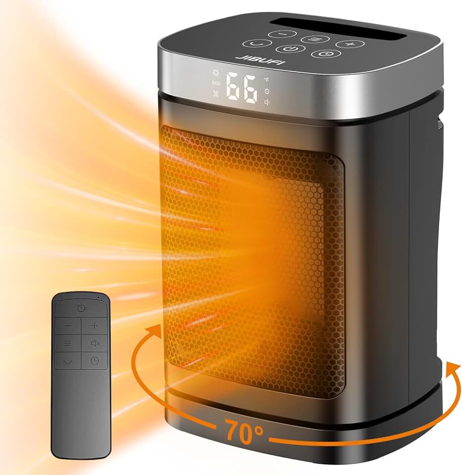 JIBUFI Portable Space Heater for Indoor Use with 70° Oscillation and Remote | 1500W PTC Electric Heater with Thermostat, Rapid and Safe Heating, 12H Timer, 5 Mode, Fast Safety Heat for Bedroom, Office