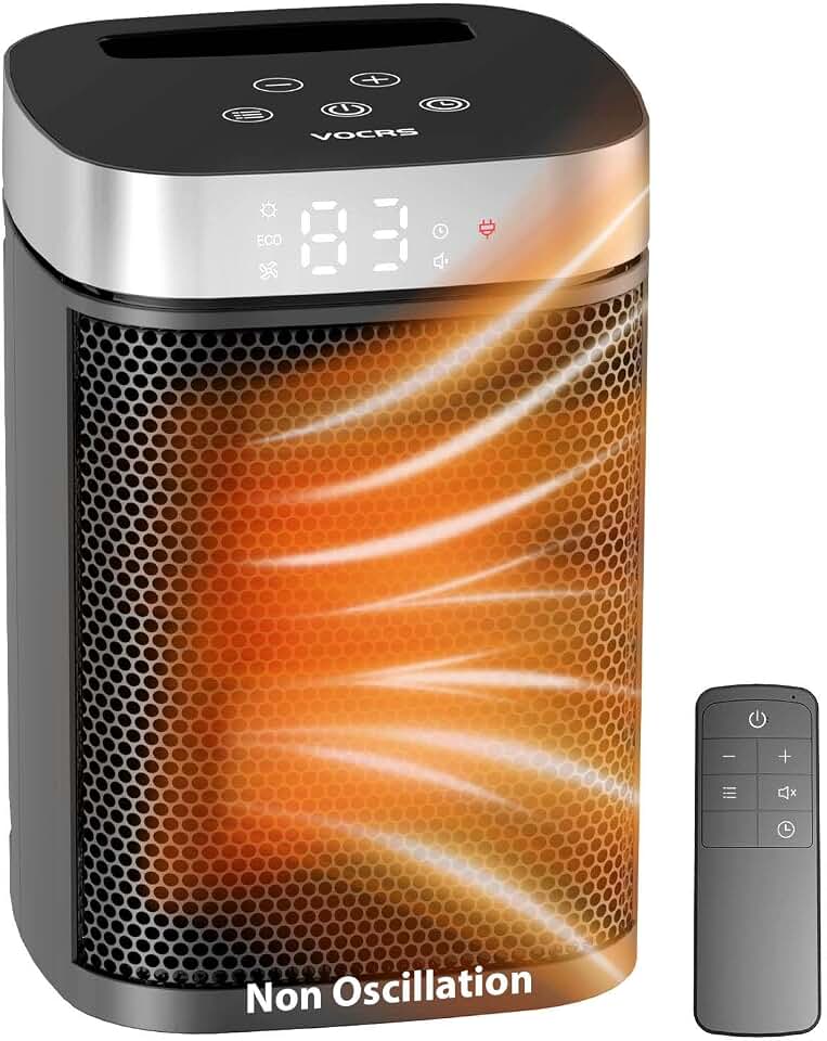 Small Portable Space Heater for Indoor Use - VOCRS 1500W PTC Electric Heater with Thermostat, Remote Control, 12H Timer, Eco and Fan Mode, Rapid and Safe Heating for Bedroom, Office