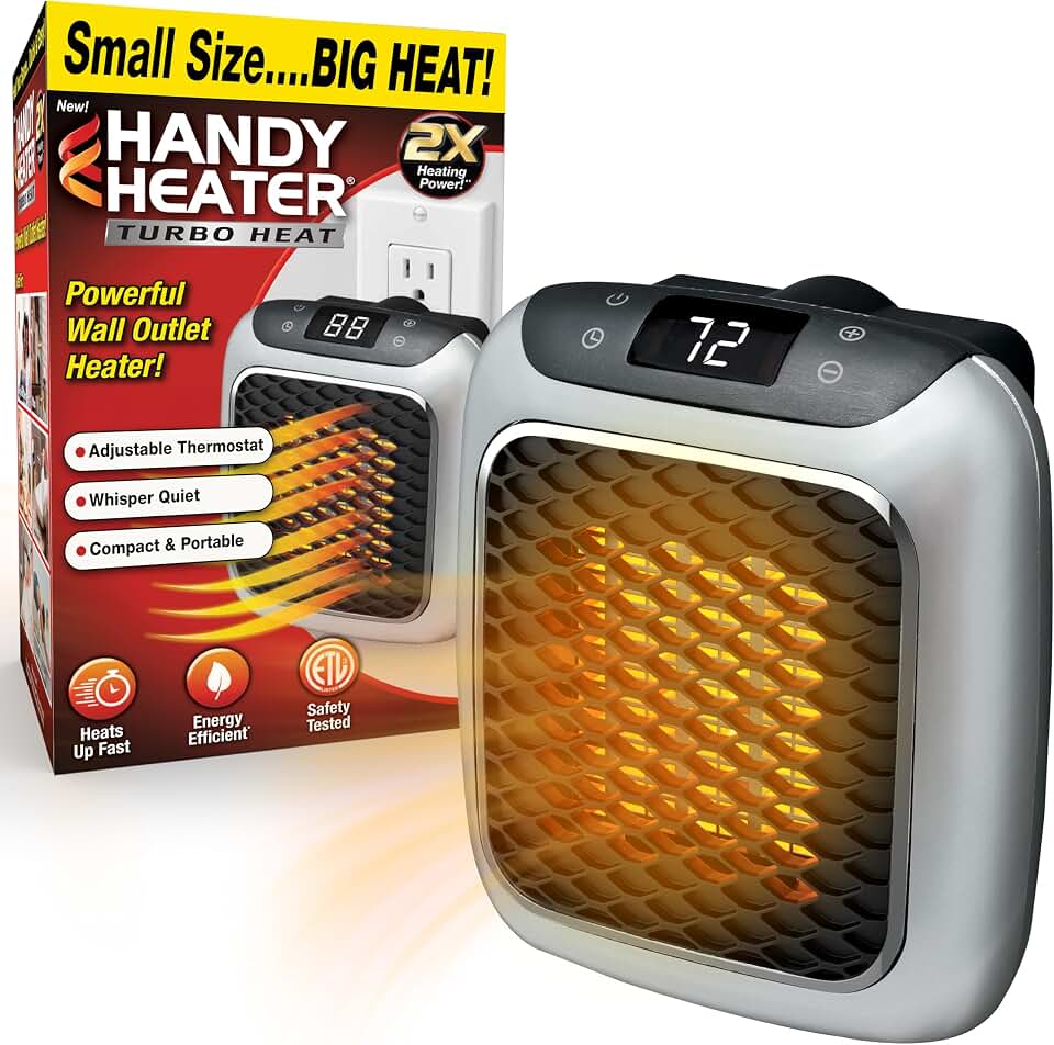 Ontel Handy Heater Turbo Heat Plug In Wall Outlet Heater, Space Heater | Small Portable Indoor Ceramic Heater with Thermostat, 12-Hr Timer &amp; Auto Shut Off | Quiet Heat for Bedroom, Office, Bathroom