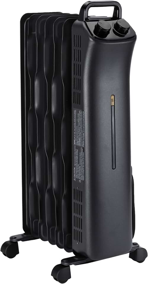 Amazon Basics Portable Oil Space Heater with 7 Oil-Filled Fins, 3 Heat Settings, Adjustable Thermostat, Tip-Over and Overheat Protection, ETL Safety Certificate, 1500W, Black