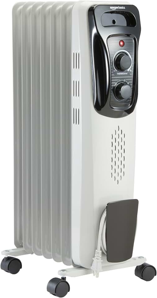 Amazon Basics Portable Oil Radiator Heater, Indoor Use, 3 Heat Settings, Over-Heat Protection, ETL-certified Safety, 7 Oil-Filled Steel Fins, 1500W, Tip-Over Protection, 11"D x 14.8"W x 25.2"H, White