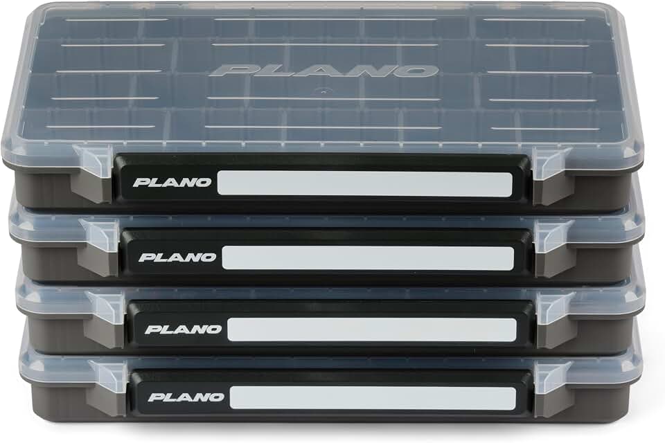 Plano StowAway 3700 Stow Tackle Box, 4 Pack, with Corrosion-Preventive Rustricor, Single Latch Design, Transparent DuraView Lid, Stackable Storage for Fishing Bait, Lures and Gear