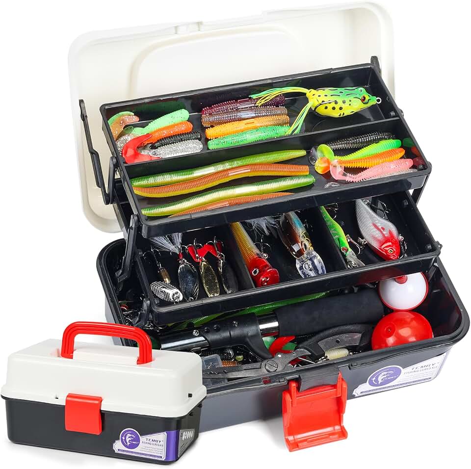 TCMBY 3 Layers Tackle Box with Tackle Included, 321Pcs Fishing Lures Kit Contains Pliers, Crankbait, Hooks, Weights &amp; Accessories, Fishing Gear Bait Lure Gifts for Men Bass Freshwater (White Black)