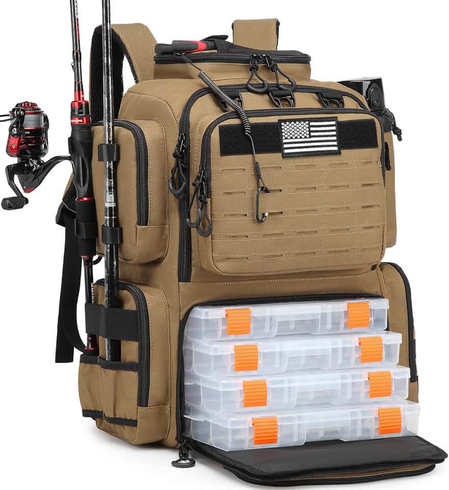 Tactical Fishing Backpack with 4 Tackle Boxes, Rod Holders &amp; Bottle Holder | 50 L Large Insulated Fishing Tackle Backpack with Cooler, Fishing Bag for Store Gear &amp; Equipment