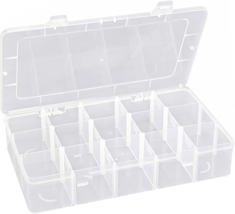 Hlotmeky Plastic Organizer Box with Dividers Bead Organizer 15 Large Grids Tackle box Organizer Clear Snackle Box Container