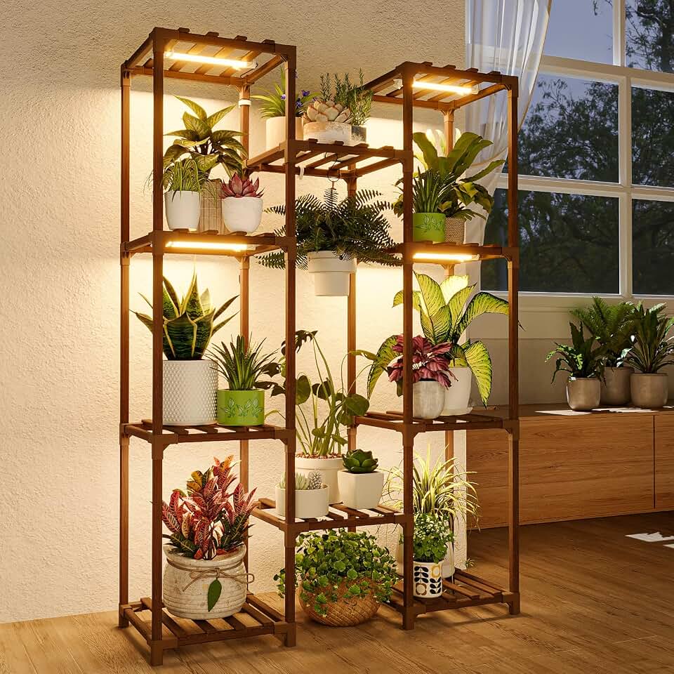 Bamworld Plant Stand with Grow Light Plant Shelf for Mutiple Pots Large Plant Holder for Living Room Patio Boho Home Decor for Gardening Warm Light