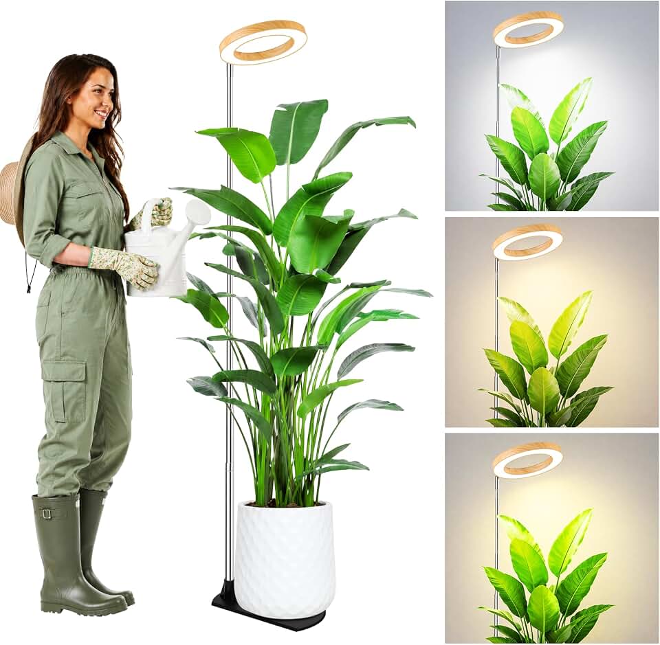Grow Lights for Indoor Plants, 6.3" Full Spectrum Plant Light with Base | Bamboo Grain Grow Lamp, 65" Adjustable for Indoor Garden Tall Large Plants, 6/8/12/16H Auto Timer, 3 Colors, 5 Brightness