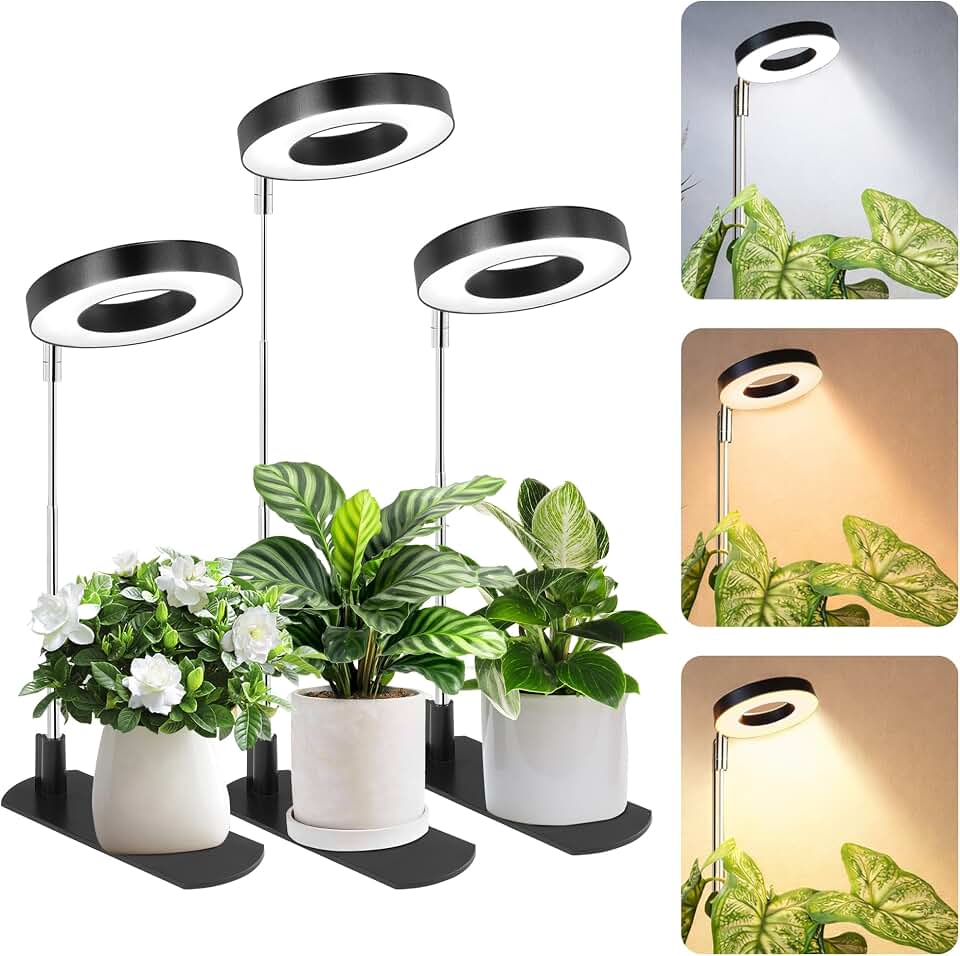 LBW Grow Lights for Indoor Plants, Full Spectrum Halo Grow Light with Base | 48 LEDs Grow Lamp for Small Plants, Base/Soil Stake, 7.8-26" Adjustable, 6/8/12/16H Timer, 3 Color Mode, 5 Brightness, 3 pack