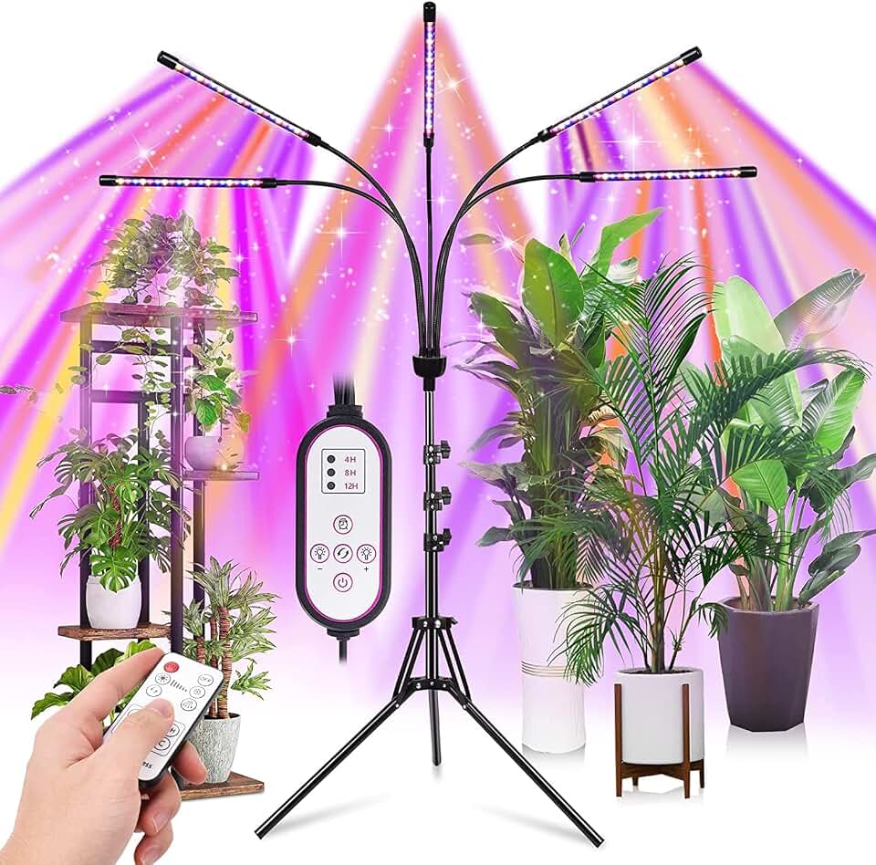 yentbokj Grow Lights for Indoor Plants,5 Heads Red Blue White Full Spectrum Plant Light with 15-60" Adjustable Tripod Stand, Indoor Grow Lamp with Remote Control and Auto On/Off Timer Function
