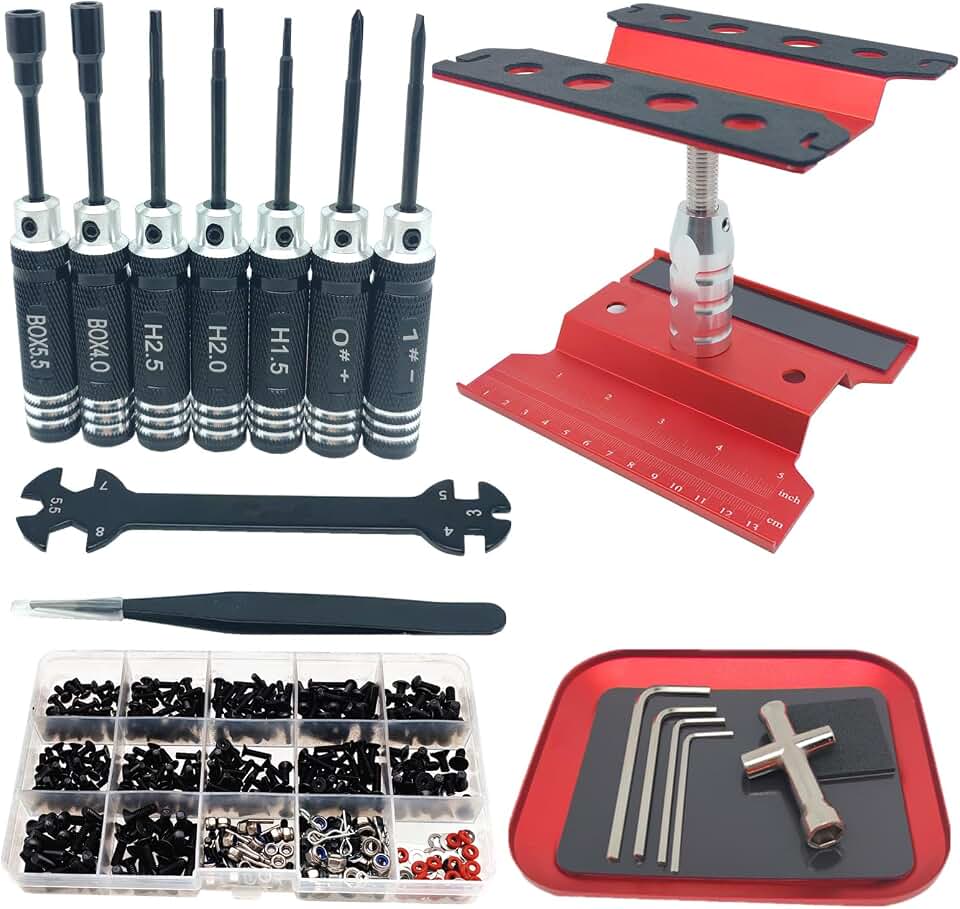 RC Car Repair Work Stand Repair Tool Set 360 Degree Rotation and 524PCS RC Screws Kit &amp; RC Screwdrivers and Screws Pallet for 1/8 1/10 1/12 1/16 1/18 RC Crawler Truck Buggy Vehicle Scale Accessories