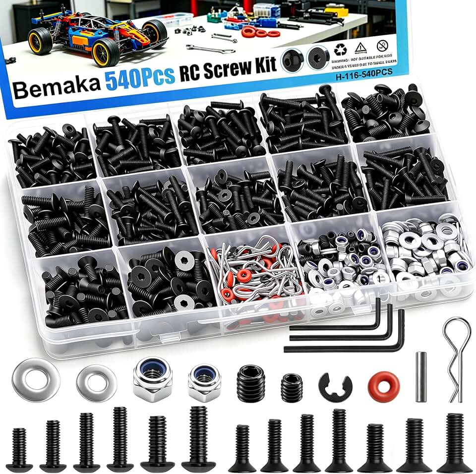 540Pcs RC Screw Kit, Universal Hardware Fasteners with Screws, Nuts, Washers, Clips, O-Rings &amp; Pins, Fit for 1/8 1/10 1/12 1/16 Scale RC Crawler Truck Buggy Car Repair Replacement Parts
