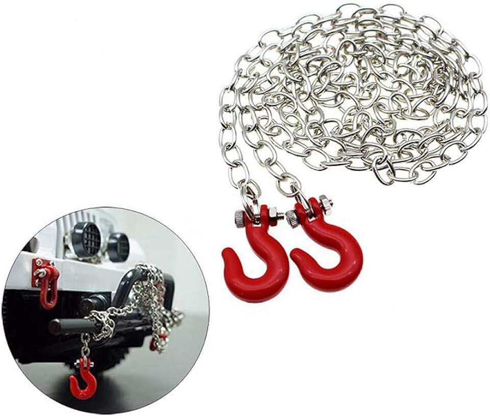 Tow Chain with Trailer Hook for RC Car Accessories Parts for Axial SCX10,TXR4,D90., Red &amp; Silver