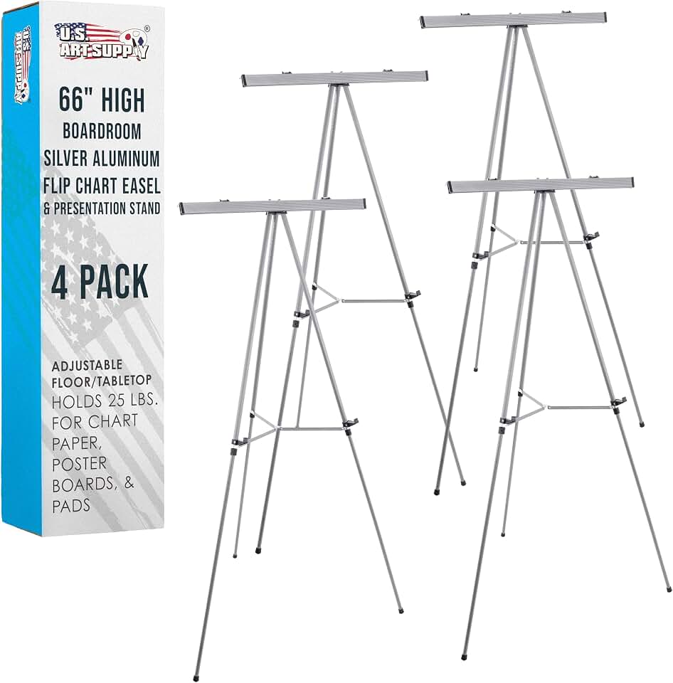 U.S. Art Supply 66" High Boardroom Classroom Silver Flip Chart Easel,4-Pack | Presentation Stand - Adjustable Floor/Tabletop, Portable Tripod, Holds 25 lbs., for Chart Paper, Poster Boards, &amp;
