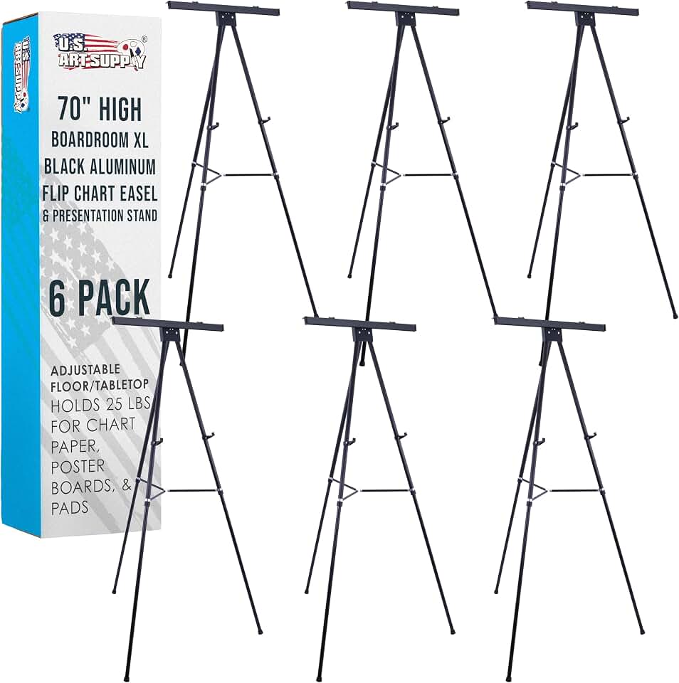 U.S. Art Supply 70" High Boardroom XL Black Aluminum Flip Chart Easel 6Pack | Presentation Stand - Adjustable Floor/Tabletop, Portable Tripod, Holds 25 lbs., for Chart Paper, Poster Boards, &amp;