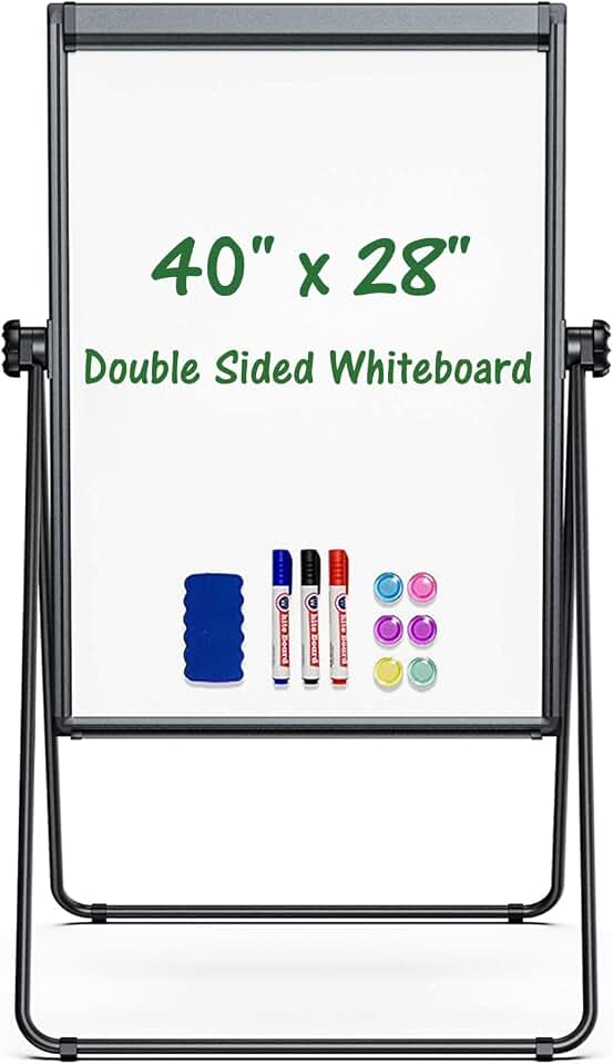 Easel Whiteboard with Stand 40" x 28" Aluminum Frame (Black) | Magnetic Dry Erase Board, Double Sided Height Adjustable Flip Chart Easel with Hooks for Teaching, Presentation Meeting, Home