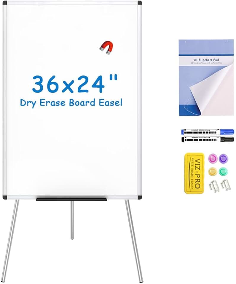 VIZ-PRO Magnetic Whiteboard Easel, 36 x 24 Inches, Portable Dry Erase Board | 3' x 2', Height Adjustable, Aluminium Frame, Includes Flipchart Pad &amp; Marker Tray, for School Office and Home