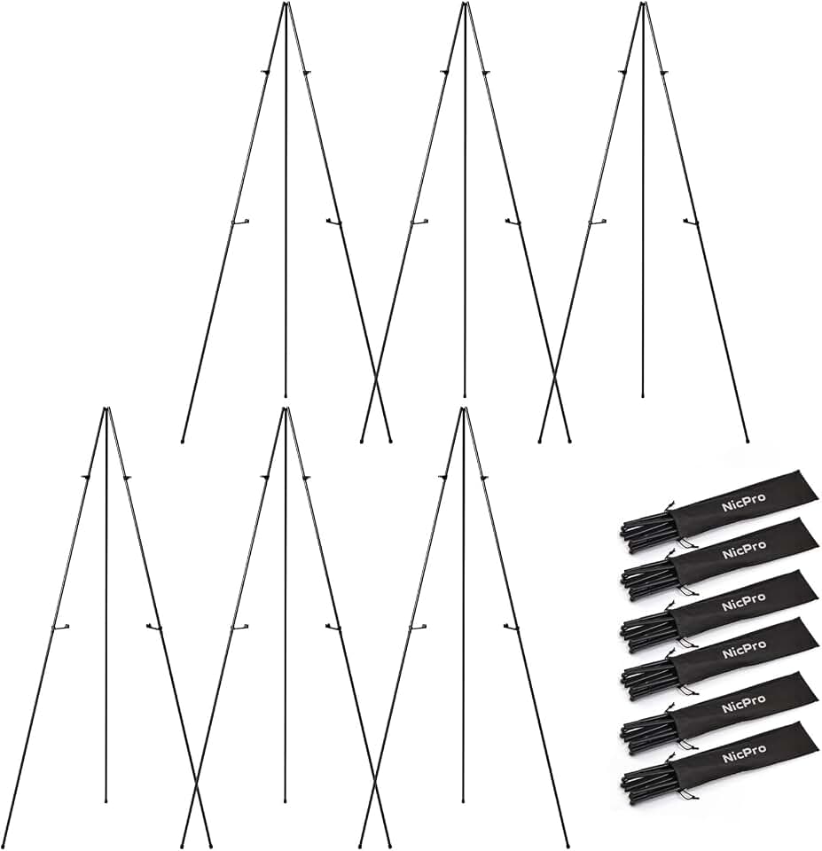 Nicpro 6 Pack 63 Inches Easel Stand for Sign, Black, with Carry Bags | Lightweight Metal Display Easel &amp; Poster Stand, Adjustable Portable Easels for Display, Signs, Arts, Posters, Wedding Sign
