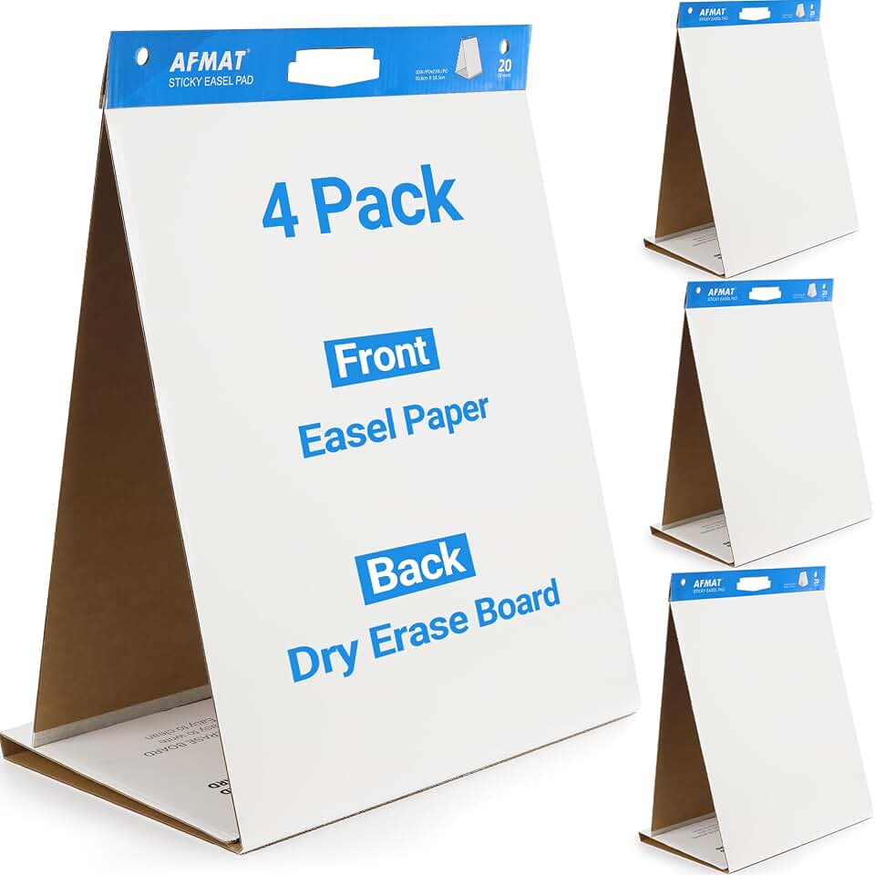 4-Pack Tabletop Sticky Easel Pad and Dry Erase Board 2 in 1, 20 x 23 inches, 20 Sheets/Pad, Portable Easel Stands for Teachers, Ideal for Training, Presentation, Meetings, Kids Doodling Global Recycled Standard