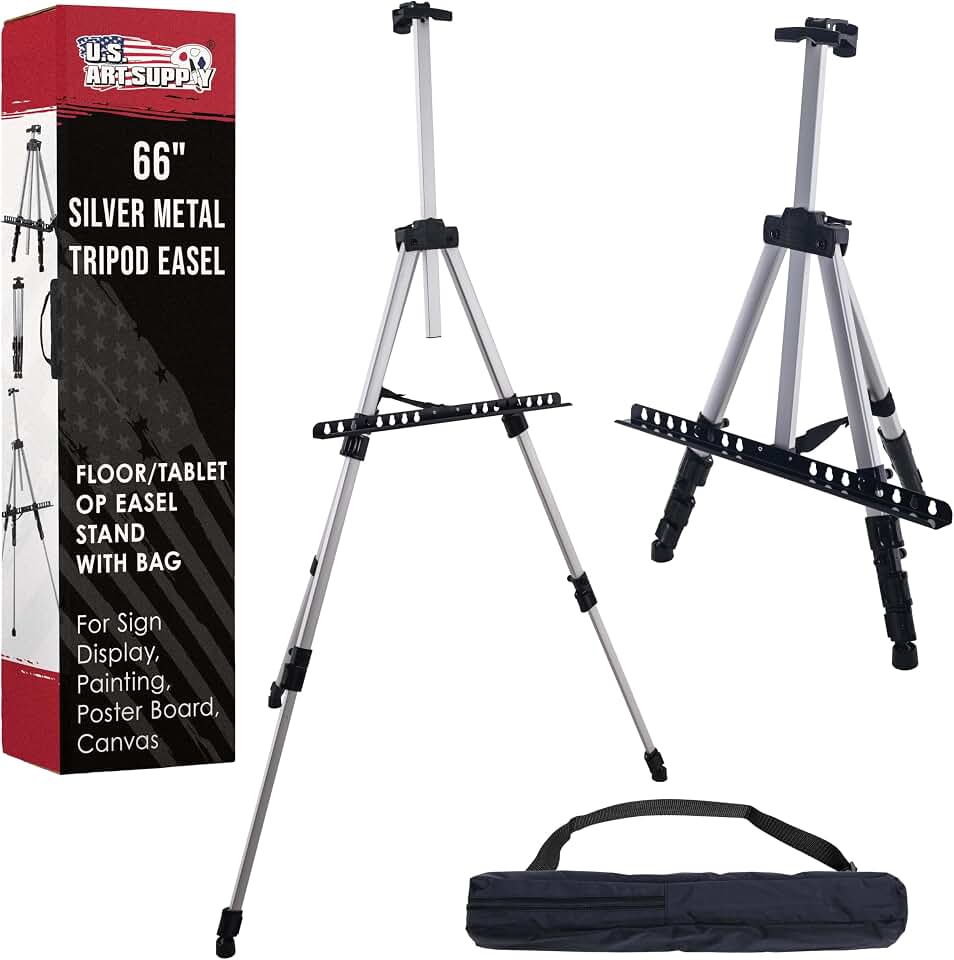 U.S. Art Supply 66" Silver Metal Tripod Easel Display | Adjustable from 18"to 5.5', Holds 36" Canvas - Floor/Tabletop Easel Stand, For Sign Display, Painting, Poster Board, Canvas