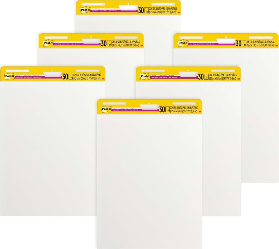 Post-it Super Sticky Easel Pad, 25" x 30", 30 Sheets, 6-Pack | Premium Self Stick Flip Chart Paper, Anchor Chart, Office Supplies &amp; School Supplies, Great for Teachers and Students