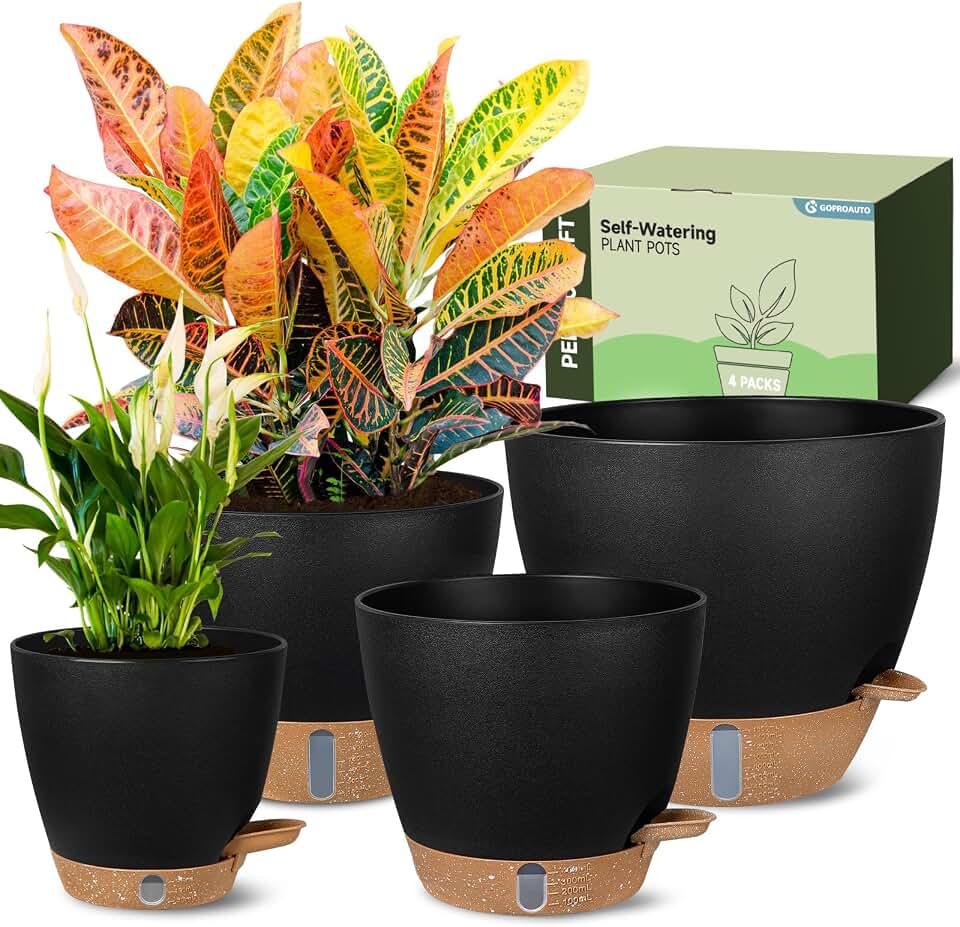 Self-Watering Pots for Indoor and Outdoor Plants 4 Pack, 6/8/10/12 Inch Planters with Water Level Indicator &amp; Deep Reservoir, Decorative Flower Pots for Home Decor ClimeCo Certified