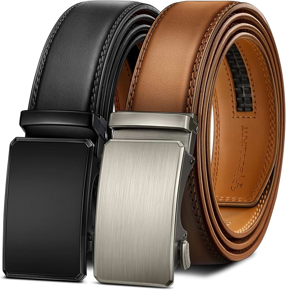 BULLIANT 2-Pack Men Ratchet Leather Belt-Trimmable 1 3/8"-Gift Boxed