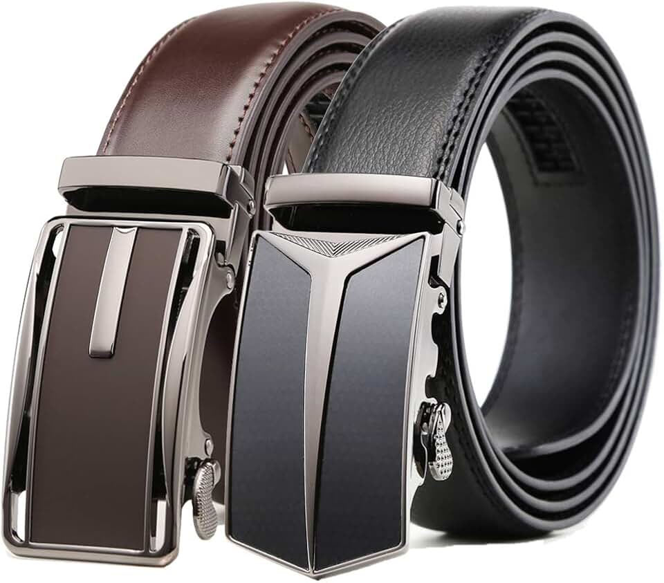 Mens Belt 2 Pack,Leather Ratchet Click Belt Dress with Slide Buckle 1 3/8" in Gift Set Box- Size Adjustable