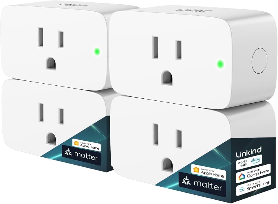 Linkind Matter Smart Plug, Work with Apple Home, Alexa, Siri, Google Home | Smart Outlet Timer &amp; Schedule, Smart Home Automation, 15A/1800W, APP Remote Control, ETL Certified, 2.4G Wi-Fi Only, 4 Pack