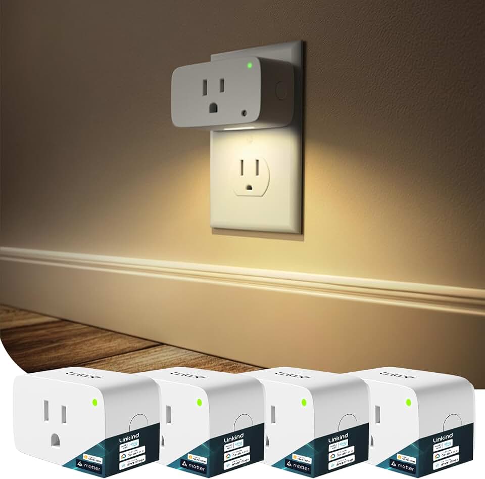 Linkind Matter Smart Plug, Work with Apple Home, Alexa, Google Home, 4 Pack | 2-in-1 Innovation, Outlet+LED Night Light, Timer&amp;Schedule, Dusk to Dawn, ETL 15A/1800W, 2.4G WiFi, Hallway, Bathroom, Kids