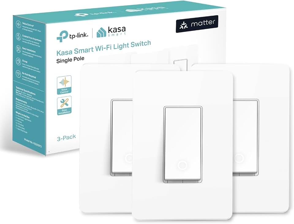 Kasa Matter Smart Light Switch, KS205P3, Single Pole, Need Neutral Wire | Voice Control w/Siri, Alexa &amp; Google Home, 2.4GHz Wi-Fi, UL Certified, Timer &amp; Schedule, Easy Guided Install, 3-Pack