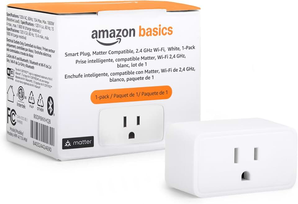Amazon Basics Smart Plug, Matter Compatible, Compatible with Amazon Alexa, Google Home, Apple HomeKit, Voice Control, Control Appliances, Matter Hub Required, 2.4 GHz Wi-Fi Only, 1-Pack, White