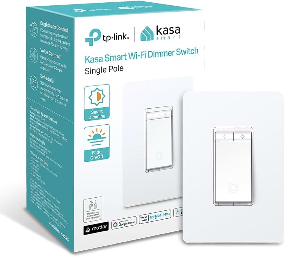 Kasa Matter Smart Dimmer Switch, KS225, Single Pole, Need Neutral Wire | Voice Control w/Siri, Alexa &amp; Google Home, 2.4GHz Wi-Fi, UL Certified, Timer &amp; Schedule, Easy Guided Install, 1-Pack