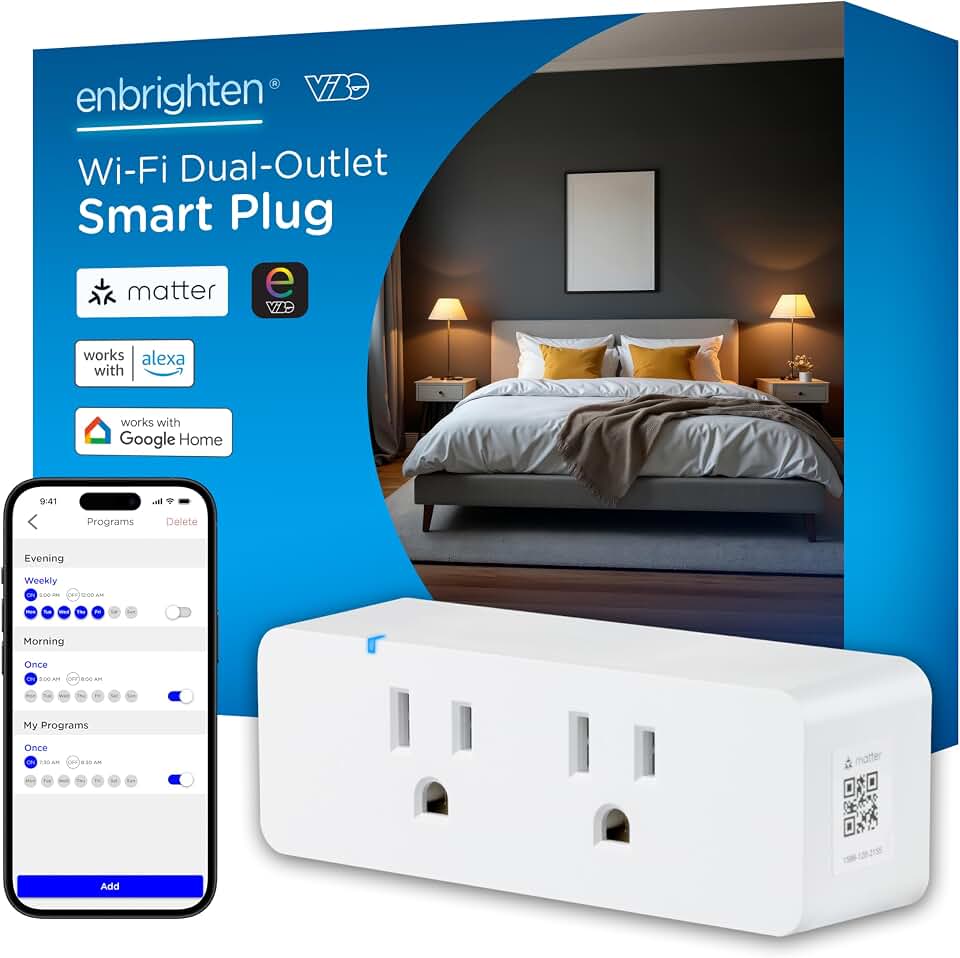 Enbrighten Matter Indoor Smart Plug, 2 Grounded Outlets, White | Matter Compatible, Indoor Use, Simultaneously Controlled Outlets, No Hub Required, Works with Alexa &amp; Google Home