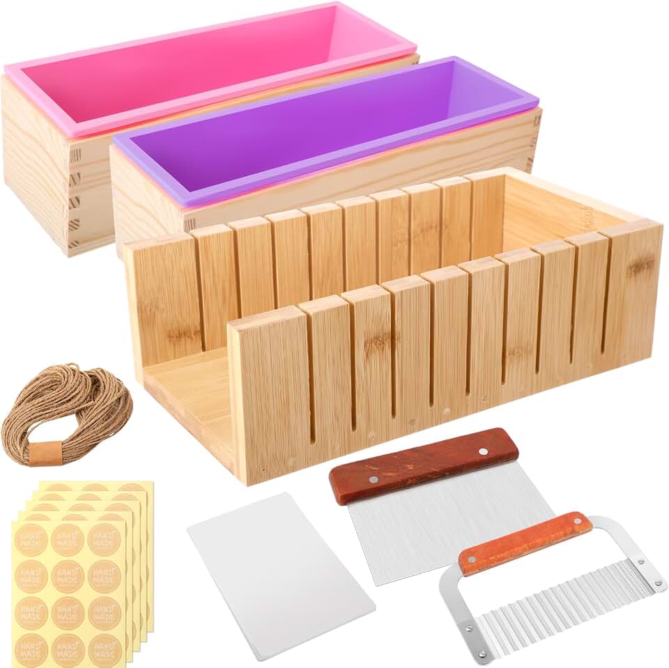 Honeydak 2 Pcs Soap Molds Making Kit with Soap Cutter for Making 42 oz Silicone Loaf Mold Set with Stainless Steel Wavy &amp; Straight Slicer 50 Bags 60 Stickers 32.8 ft Rope for Homemade Craft Supplie