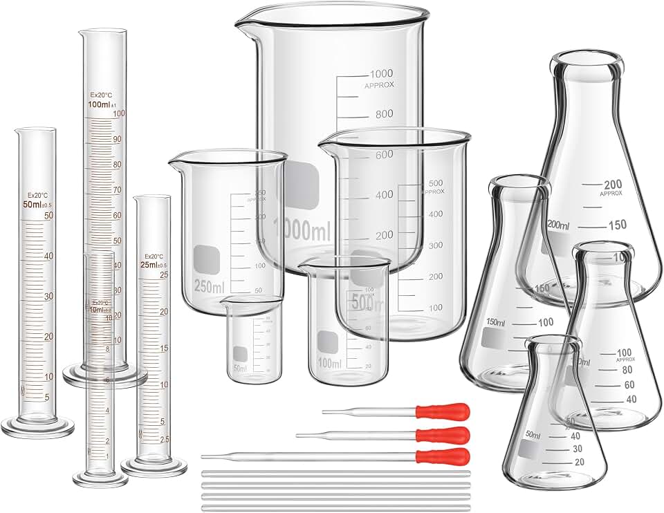Frienda 20 Pcs 50/100/250/500/1000ml Lab Glassware Beaker Set | Laboratory Equipment, Glass Measuring Beaker, Graduated Measuring Cylinder with Stirring Rod for Science Chemistry Supplies