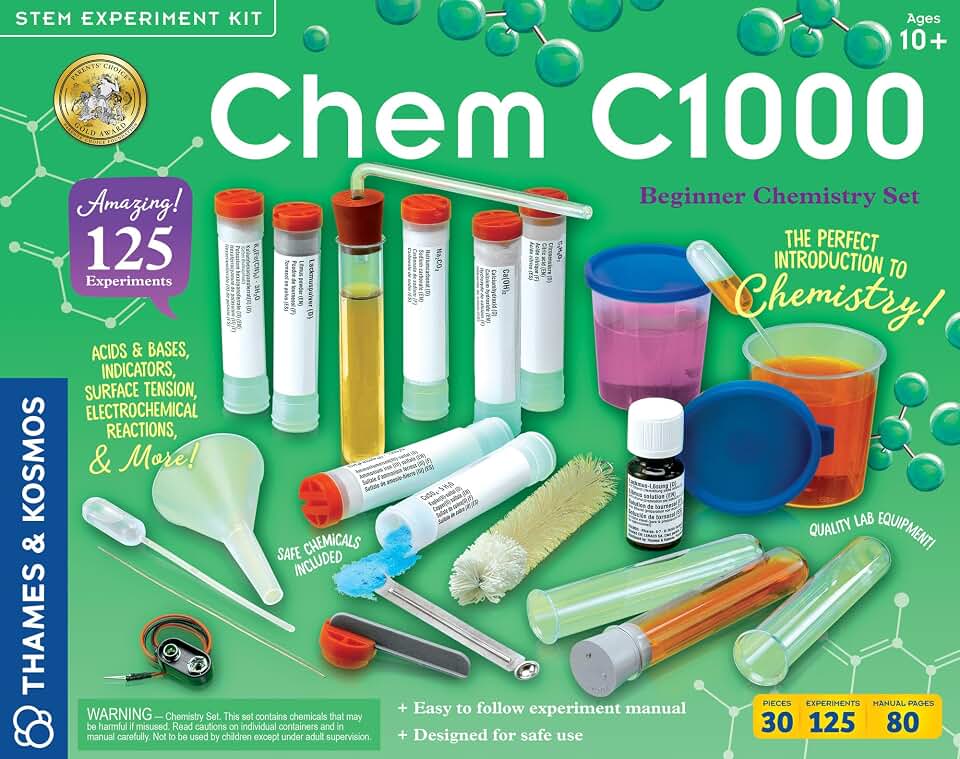 Thames &amp; Kosmos Chem C1000 (V 2.0) Beginner Chemistry Set | 125 Experiments, 80-Page Full-Color Lab Manual, Real Lab Equipment &amp; 7 Chemicals | Parents' Choice Gold Award | STEM Science Kit Ages 10+