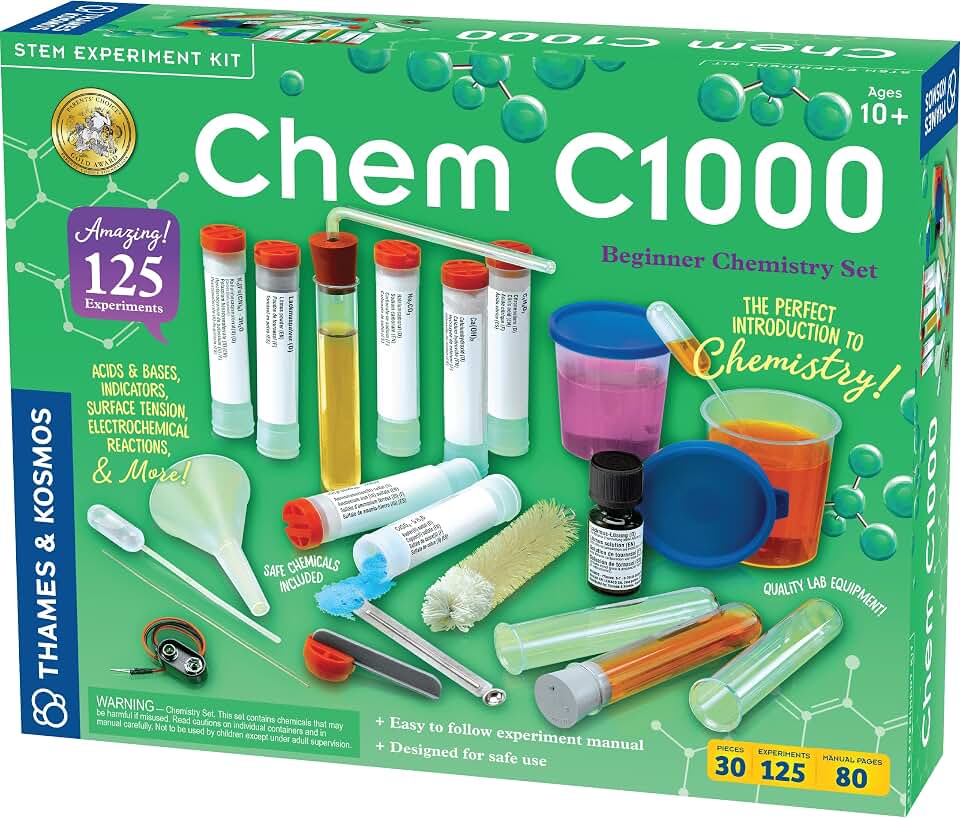 Thames &amp; Kosmos Chem C1000 V2.1 Beginner Chemistry Set | 125 Hands-On Experiments for Ages 10+, Explore Electrochemical Reactions, Acids, Bases &amp; More, Science at Home w/Safety Gear, 80-Page Manual