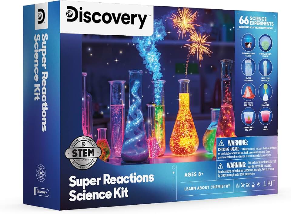 Discovery™ Super Reactions Science Kit – 66 Experiments STEM Lab for Kids| Includes Chemistry Tools, Volcano Mold, Slime, Reactions &amp; Explosions|Educational Learning Toy|DIY Activity Set Gift| Ages 8+