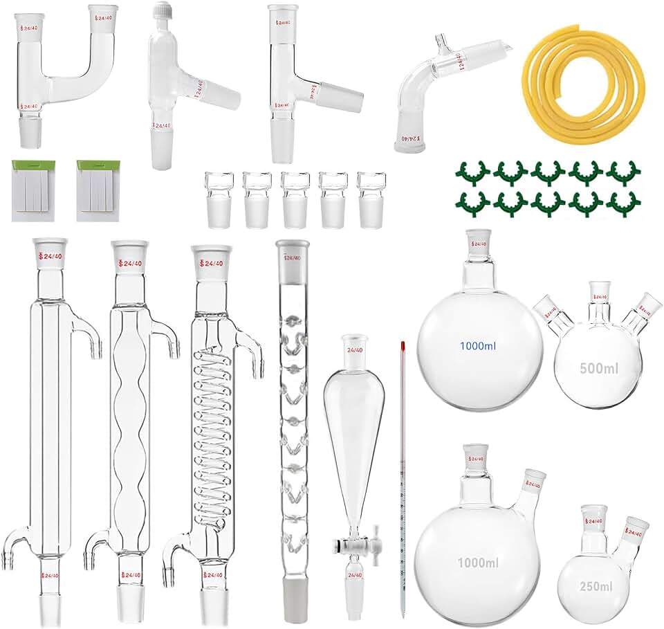Chemistry Glassware Set - 32PCS Laboratory Glassware Kit with 24/40 Joint 1000ml Essential Oil Lab Distillation Apparatus Kit