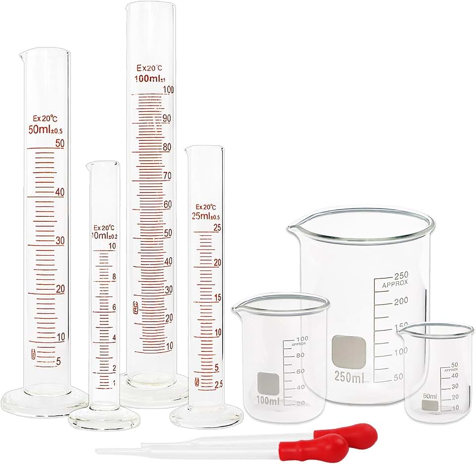 Glass Graduated Cylinder and Beaker Set 9 Pieces with Droppers | 4 Cylinders in 10 25 50 and 100ml, 3 Beakers in 50 100 and 250ml, 2 Droppers, for Lab Measuring and Experiments