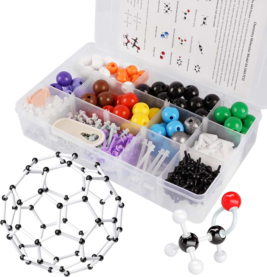 Molecular Model Kit, 444 Pcs Organic Chemistry Structure Set | Includes with 136 atoms,158 bonds, Build Chemical Structure, C60 Fullerene, Visualize Organic Molecule, High School &amp; College