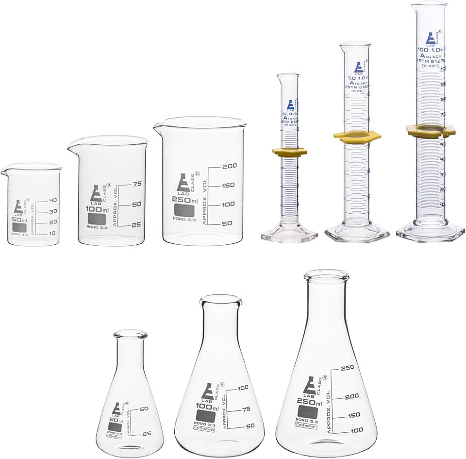 EISCO Laboratory Glassware Set, 9pcs - Includes Beaker Set (3pcs), Erlenmeyer Flask Set (3pcs), ASTM Class A Graduated Cylinder Set (3pc) - Chemistry Glassware - Made of Borosilicate 3.3 Glass