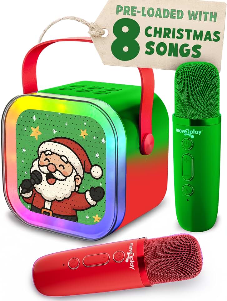 Move2Play, Christmas Karaoke Machine | Festive Soundtrack &amp; Voice Effects | Includes 2 Microphones | Bluetooth Wireless Music Player | Indoor &amp; Outdoor Holiday Decoration for Kids &amp; Adults