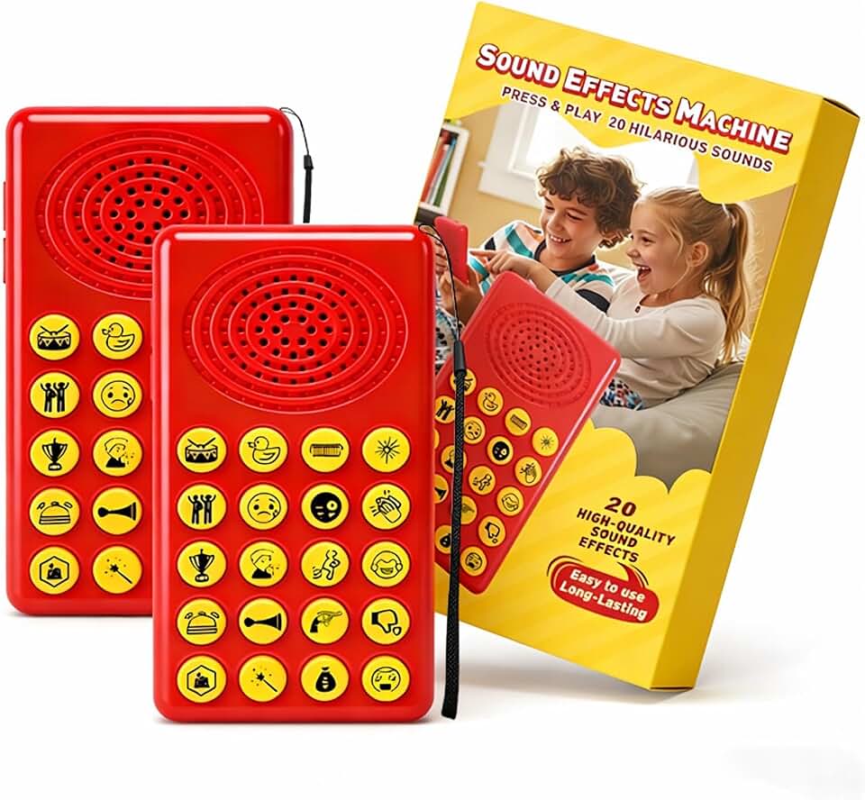 2-Pack Sound Effects Machine for Kids, 20 Sounds, Prank Toy | 20 funny sounds with volume control for pranks, parties and gifts for boys, 2 noise makers with wrist straps and batteries.