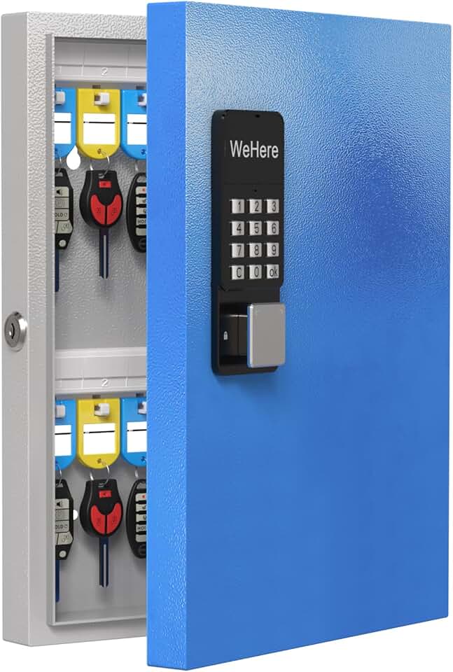 WeHere 32-Key Key Lock Box Wall Mount – Smart Key Cabinet | Key Lockbox use Bluetooth App, Custom &amp; One Time Password, Key Holder for School, Home