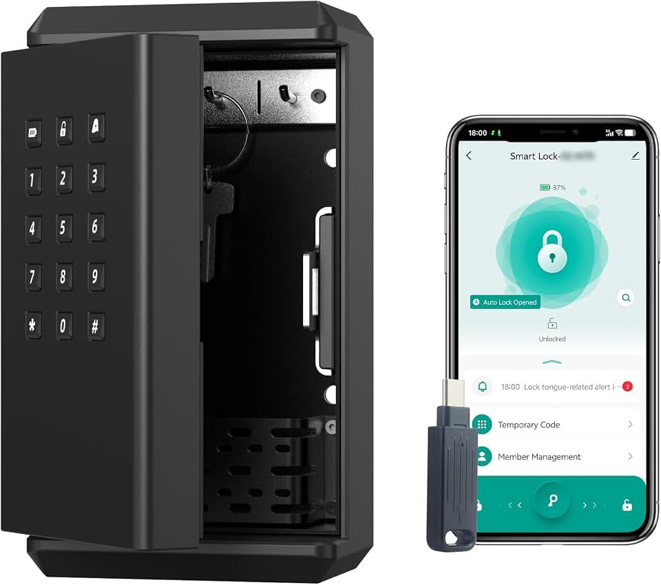 Smart Key Lock Box with Anti-Pry Alarm, Bluetooth App Wall Mount Key Safe, Remote Temporary Passcode for Airbnb Real Estate, Large Capacity Security Box for House Keys, Type-C Emergency