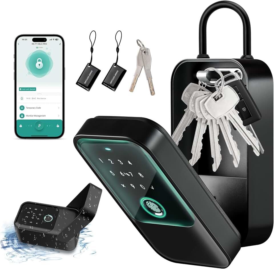 Moquin Smart Lock Box for House Keys, Fingerprint Lockbox Bluetooth Key Box with 5 Unlock Ways Fingerprint, Tuya App Control, Access Card, Passcodes, Manual Key for Airbnb &amp; Home &amp; Office &amp; Garage