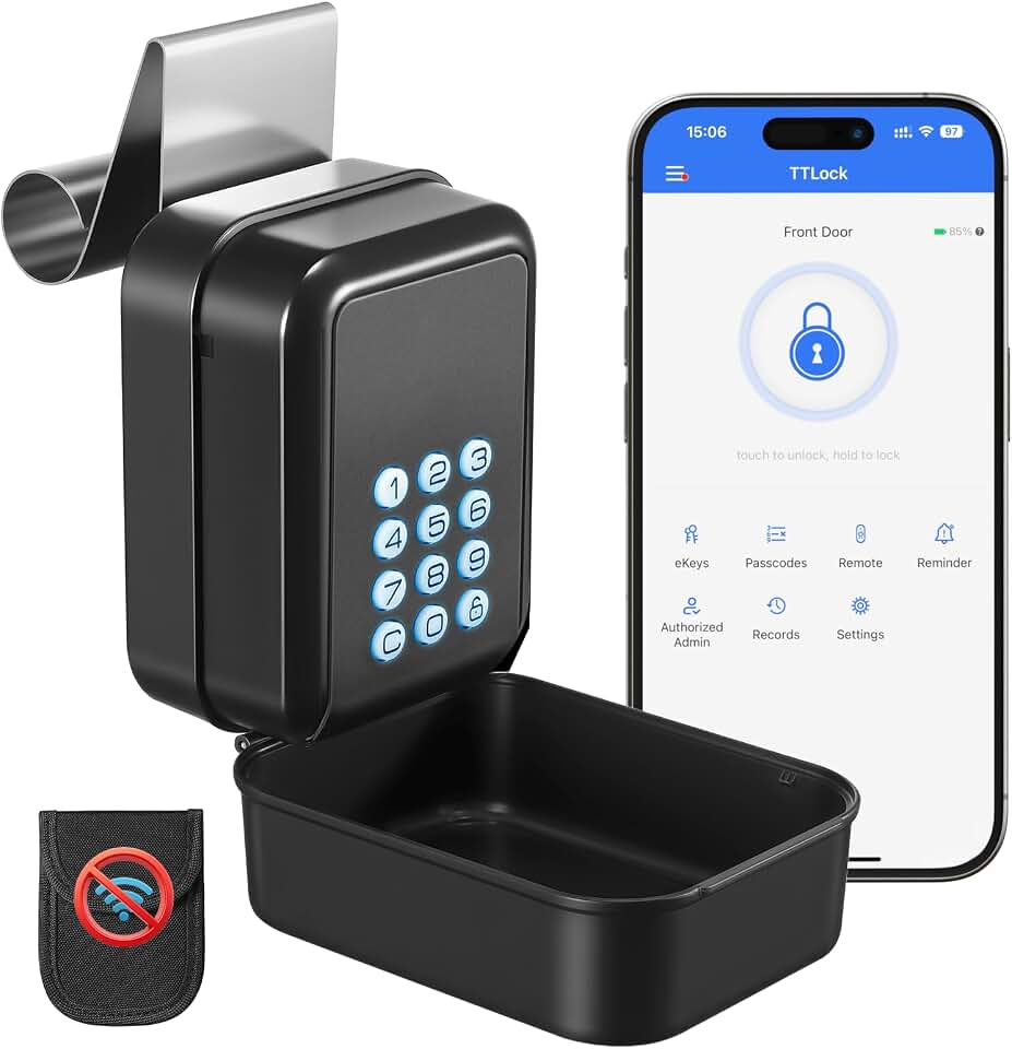 Smart Car Key Lock Box APP Control for Turo, Black | Time-Limited eKey, RFID Blocker Pouch, Window Hook with Waterproof Pad, IP65 Zinc Alloy Key Safe, Rideshare &amp; GetAround