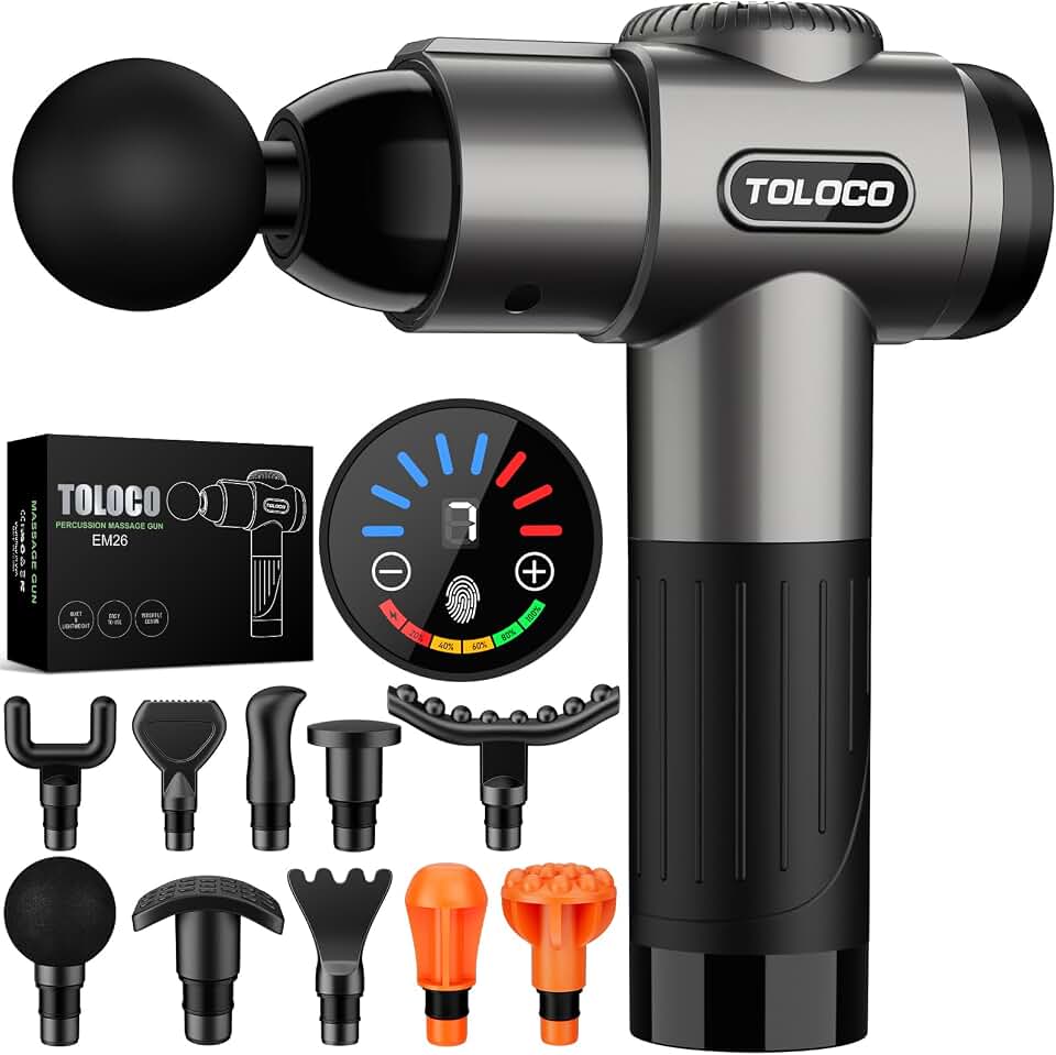 TOLOCO Massage Gun, Deep Tissue Back Massage for Athletes for Pain Relief, Percussion Massager with 10 Massages Heads &amp; Silent Brushless Motor, Fathers Day Dad Gifts, Grey Global Recycled Standard ClimeCo Certified