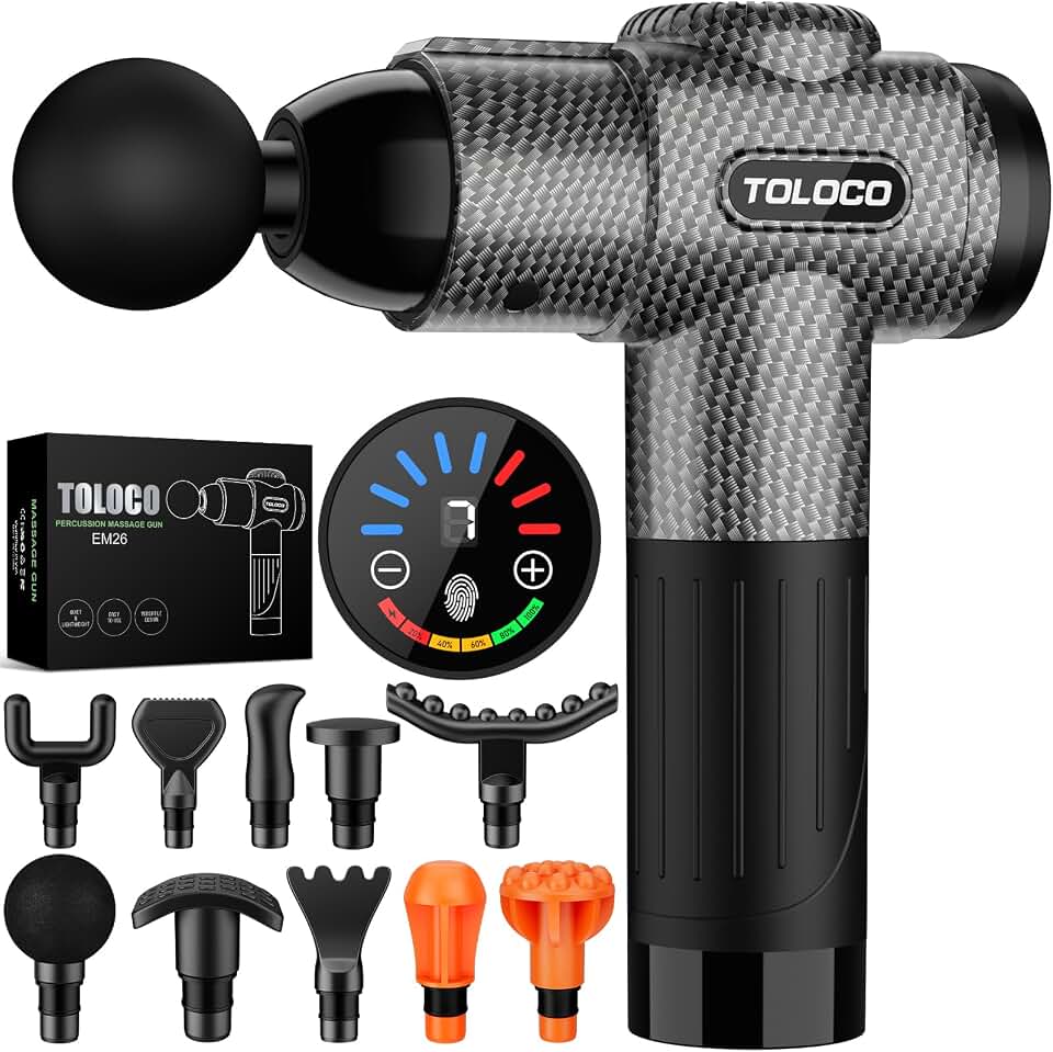 TOLOCO Massage Gun, Deep Tissue Back Massage for Athletes for Pain Relief, Percussion Massager with 10 Massages Heads &amp; Silent Brushless Motor, Fathers Day Dad Gifts, Carbon Global Recycled Standard ClimeCo Certified